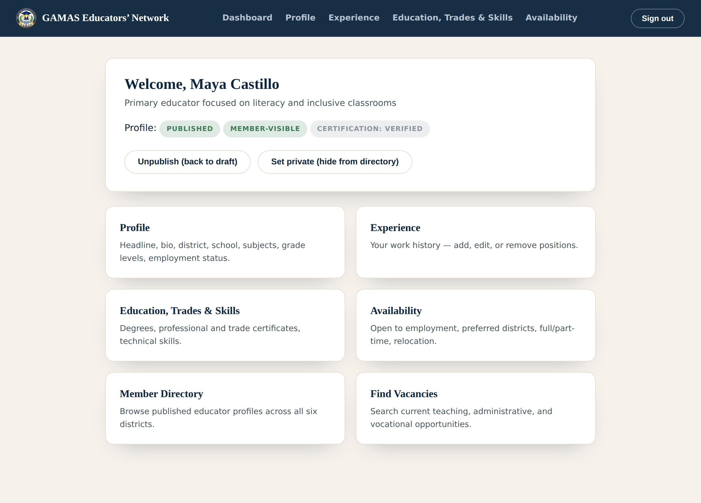 The GAMAS educator dashboard, one secure record with profile, certification, and availability